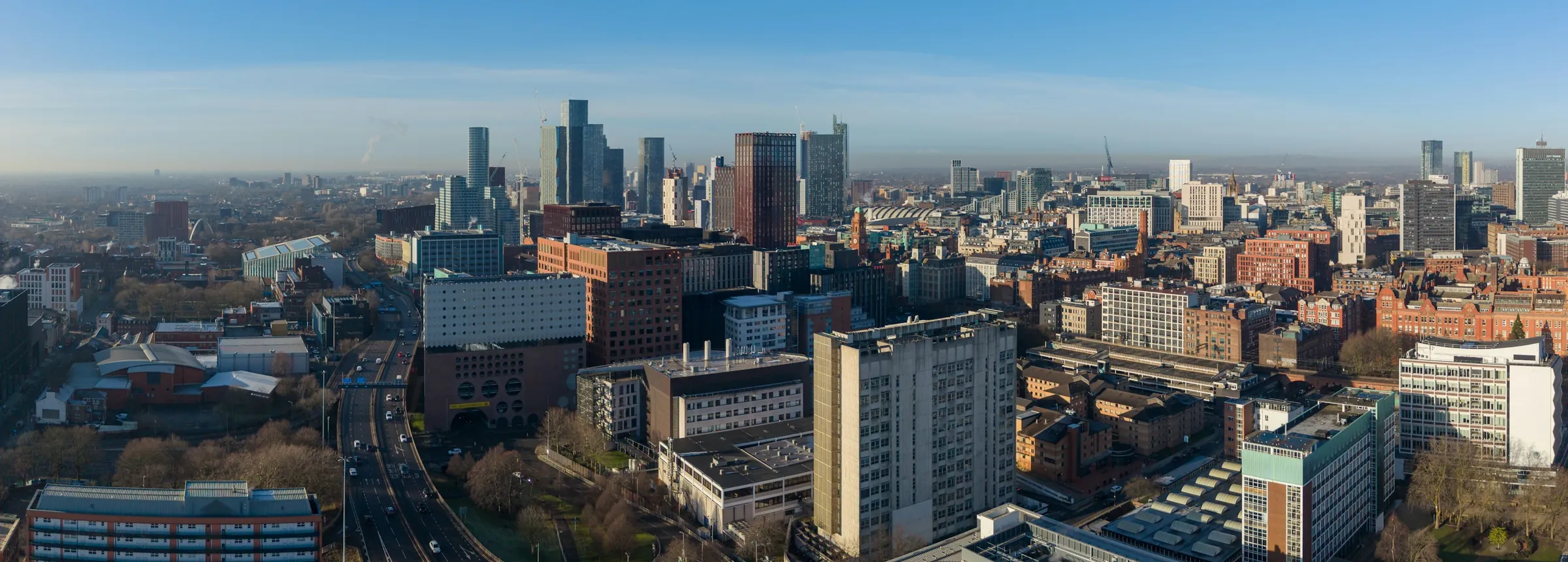 Manchester city centre from above, looking across the towers towards Deansgate