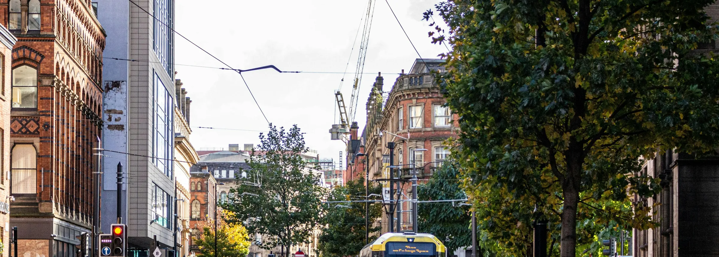 A Metrolink tram on Princess Street in Manchester city centre