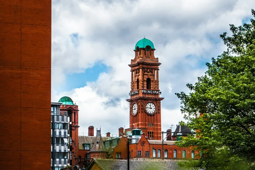 A Victorian clock tower in Manchester city centre